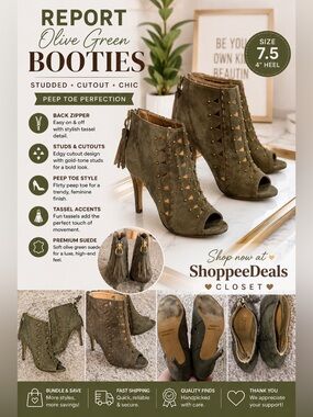 REPORT Olive Green Suede Peep Toe Booties – Women’s Size 7.5